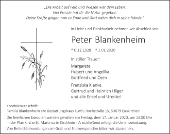 Anzeige von Peter Blankenheim von  Blickpunkt Euskirchen 