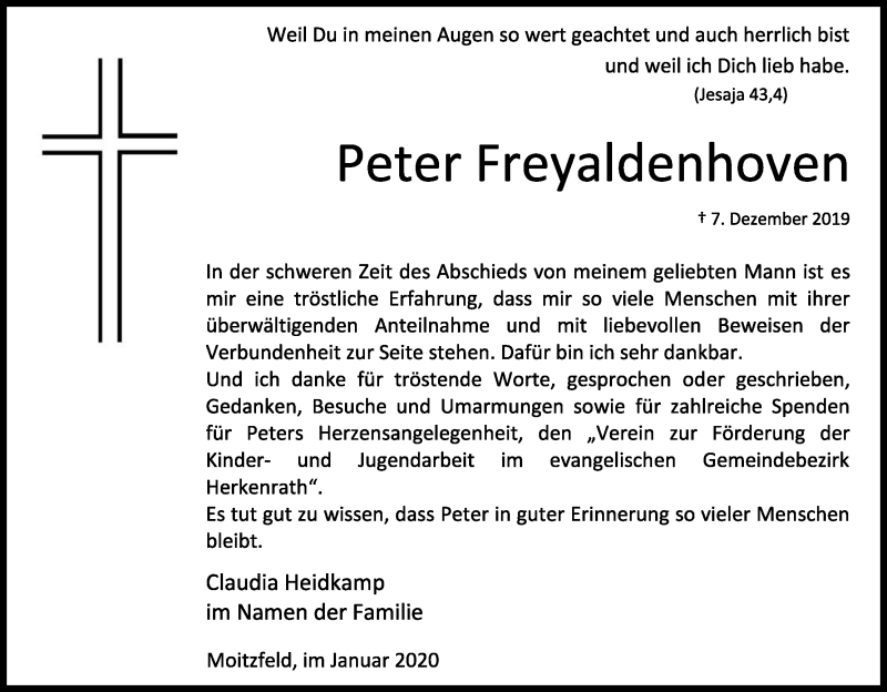  Traueranzeige für Peter Freyaldenhoven vom 18.01.2020 aus Kölner Stadt-Anzeiger / Kölnische Rundschau / Express