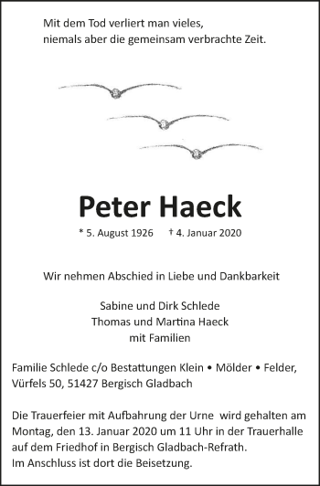 Anzeige von Peter Haeck von  Bergisches Sonntagsblatt 