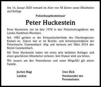 Anzeige von Peter Huckestein von Kölner Stadt-Anzeiger / Kölnische Rundschau / Express