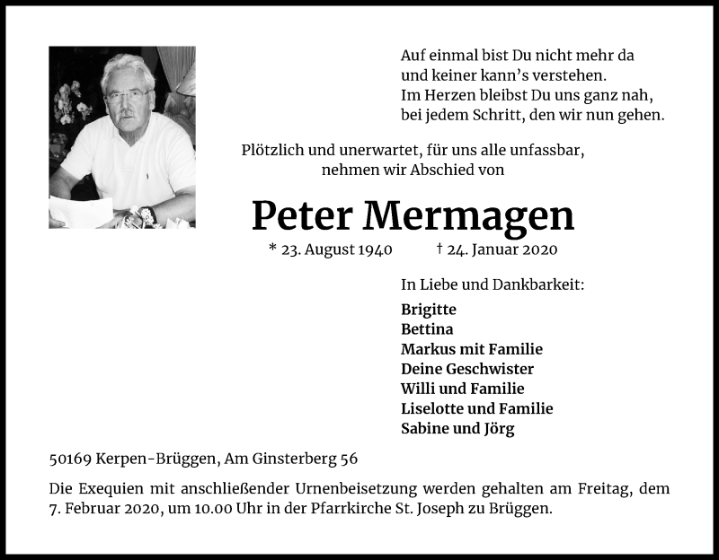  Traueranzeige für Peter Mermagen vom 01.02.2020 aus Kölner Stadt-Anzeiger / Kölnische Rundschau / Express