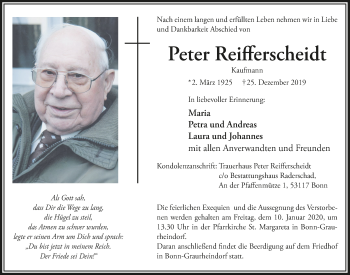 Anzeige von Peter Reifferscheidt von  Schaufenster/Blickpunkt 