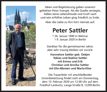 Anzeige von Peter Sattler von Kölner Stadt-Anzeiger / Kölnische Rundschau / Express