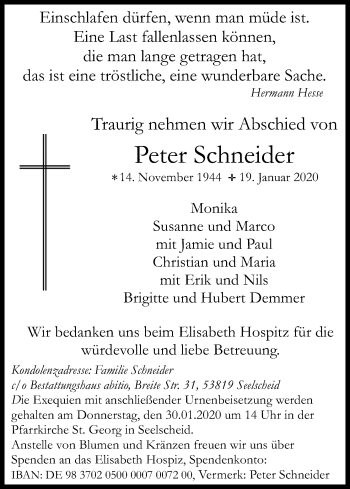 Anzeige von Peter Schneider von Kölner Stadt-Anzeiger / Kölnische Rundschau / Express