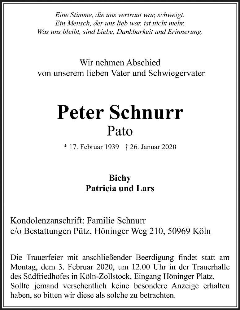  Traueranzeige für Peter Schnurr vom 31.01.2020 aus Kölner Stadt-Anzeiger / Kölnische Rundschau / Express
