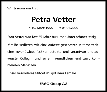 Anzeige von Petra Vetter von Kölner Stadt-Anzeiger / Kölnische Rundschau / Express