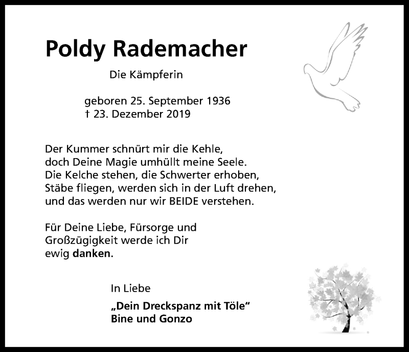  Traueranzeige für Poldy Rademacher vom 04.01.2020 aus Kölner Stadt-Anzeiger / Kölnische Rundschau / Express