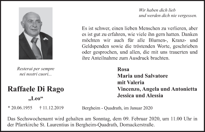  Traueranzeige für Raffaele Di Rago vom 22.01.2020 aus  Werbepost 