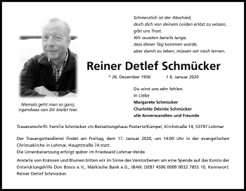 Anzeige von Reiner Detlef Schmücker von Kölner Stadt-Anzeiger / Kölnische Rundschau / Express