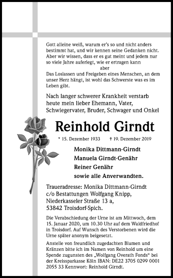 Anzeige von Reinhold Girndt von Kölner Stadt-Anzeiger / Kölnische Rundschau / Express