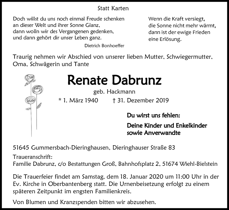  Traueranzeige für Renate Dabrunz vom 08.01.2020 aus Kölner Stadt-Anzeiger / Kölnische Rundschau / Express