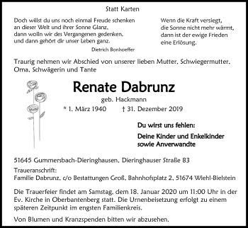 Anzeige von Renate Dabrunz von Kölner Stadt-Anzeiger / Kölnische Rundschau / Express