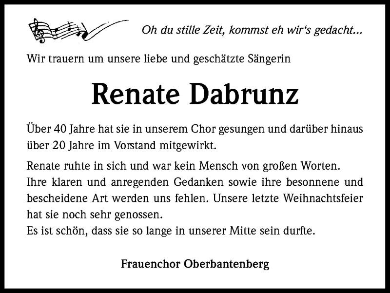  Traueranzeige für Renate Dabrunz vom 18.01.2020 aus Kölner Stadt-Anzeiger / Kölnische Rundschau / Express