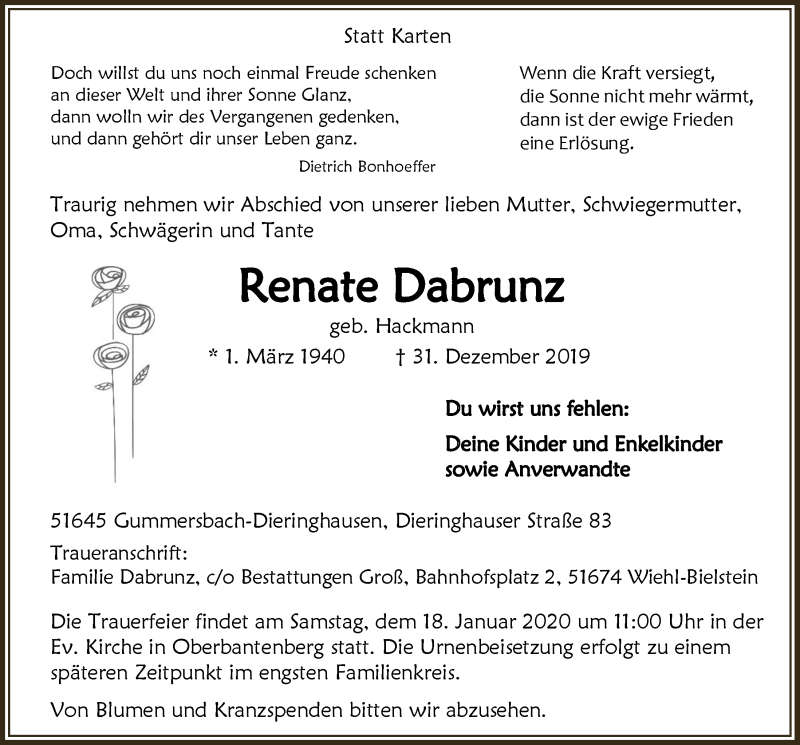  Traueranzeige für Renate Dabrunz vom 08.01.2020 aus  Anzeigen Echo 