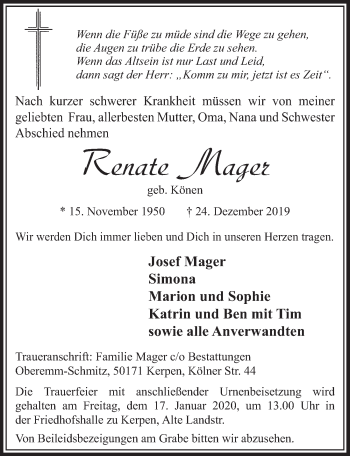 Anzeige von Renate Mager von  Sonntags-Post 