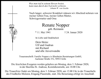 Anzeige von Renate Nopper von Kölner Stadt-Anzeiger / Kölnische Rundschau / Express