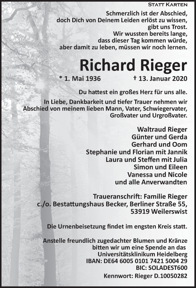  Traueranzeige für Richard Rieger vom 25.01.2020 aus  Blickpunkt Euskirchen 