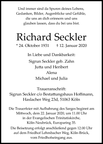 Anzeige von Richard Seckler von Kölner Stadt-Anzeiger / Kölnische Rundschau / Express