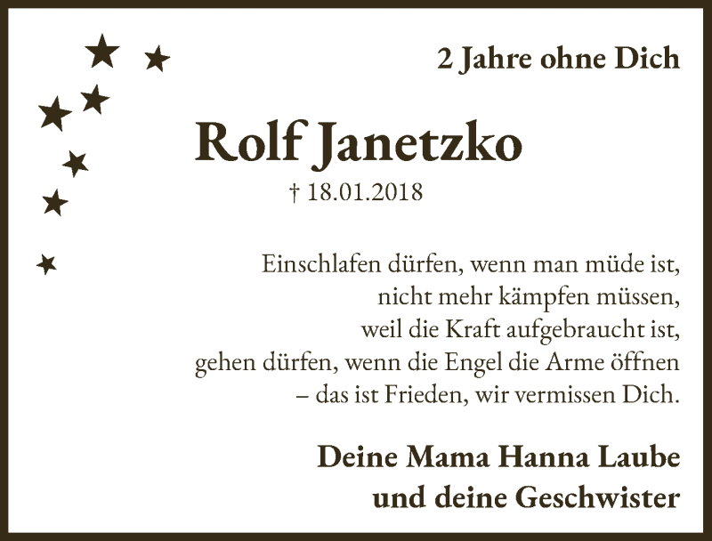  Traueranzeige für Rolf Janetzko vom 29.01.2020 aus  Lokalanzeiger 