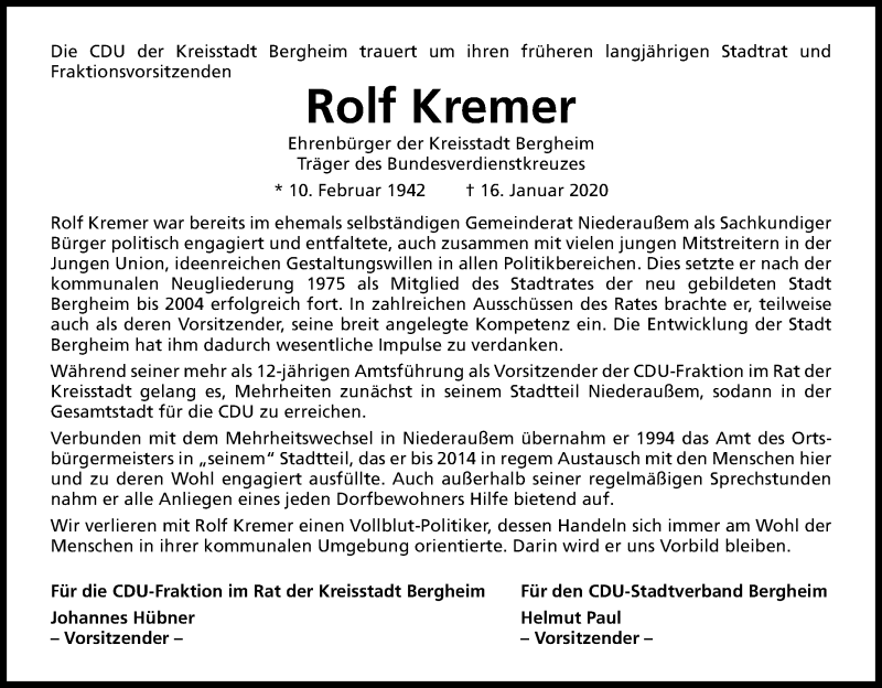  Traueranzeige für Rolf Kremer vom 22.01.2020 aus Kölner Stadt-Anzeiger / Kölnische Rundschau / Express