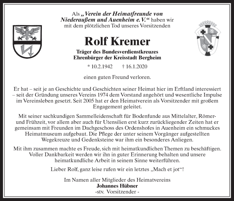  Traueranzeige für Rolf Kremer vom 22.01.2020 aus  Werbepost 