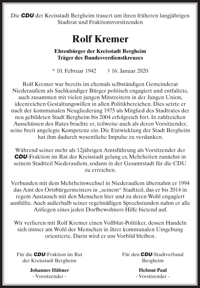  Traueranzeige für Rolf Kremer vom 22.01.2020 aus  Werbepost 