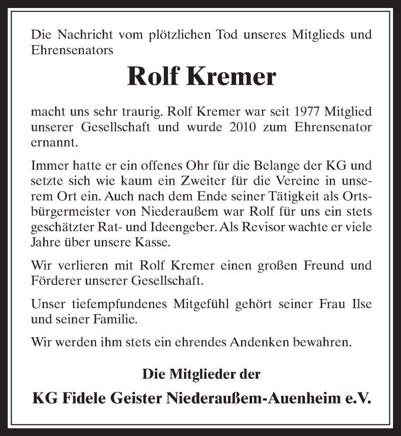  Traueranzeige für Rolf Kremer vom 22.01.2020 aus  Werbepost 