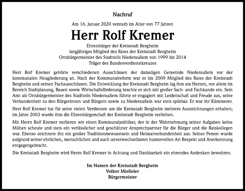  Traueranzeige für Rolf Kremer vom 22.01.2020 aus Kölner Stadt-Anzeiger / Kölnische Rundschau / Express