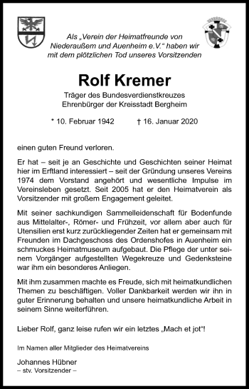 Anzeige von Rolf Kremer von Kölner Stadt-Anzeiger / Kölnische Rundschau / Express