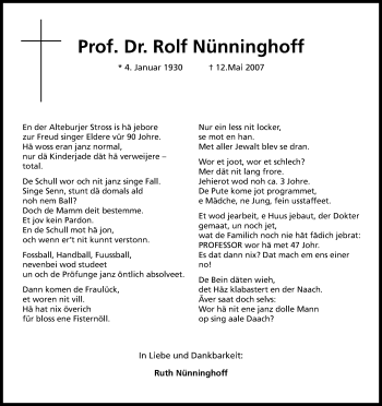 Anzeige von Rolf Nünninghoff von Kölner Stadt-Anzeiger / Kölnische Rundschau / Express