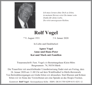 Anzeige von Rolf Vogel von  Wochenende 