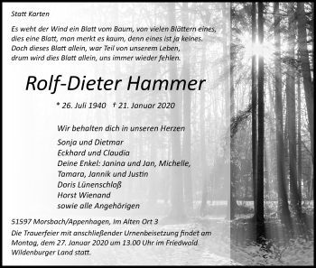Anzeige von Rolf Dieter Hammer von Kölner Stadt-Anzeiger / Kölnische Rundschau / Express