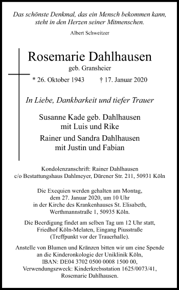 Anzeige von Rosemarie Dahlhausen von Kölner Stadt-Anzeiger / Kölnische Rundschau / Express