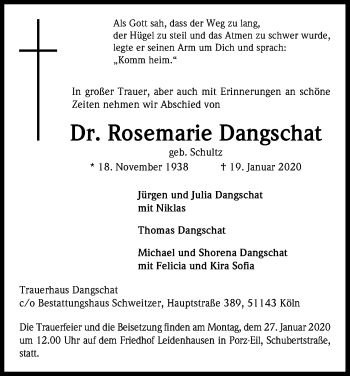 Anzeige von Rosemarie Dangschat von Kölner Stadt-Anzeiger / Kölnische Rundschau / Express