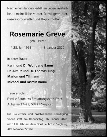 Anzeige von Rosemarie Greve von Kölner Stadt-Anzeiger / Kölnische Rundschau / Express