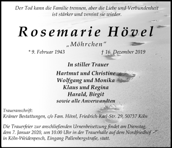 Anzeige von Rosemarie Hövel von Kölner Stadt-Anzeiger / Kölnische Rundschau / Express
