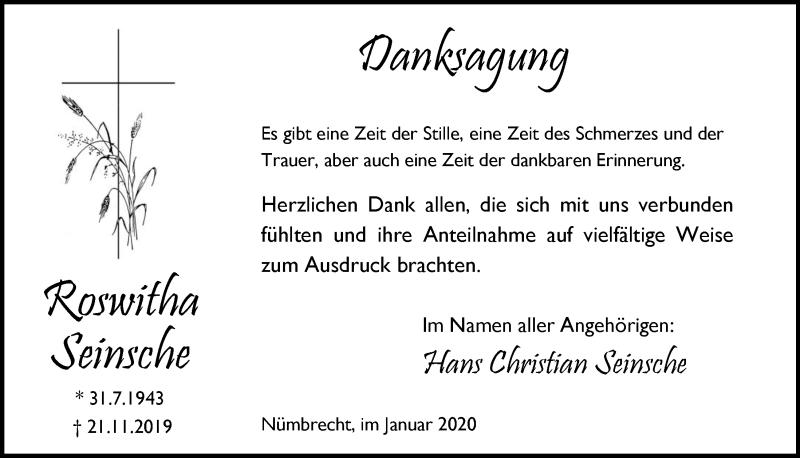  Traueranzeige für Roswitha Seinsche vom 15.01.2020 aus  Lokalanzeiger 