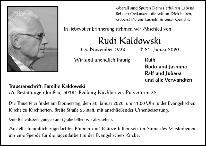  Traueranzeige für Rudi Kaldowski vom 25.01.2020 aus Kölner Stadt-Anzeiger / Kölnische Rundschau / Express