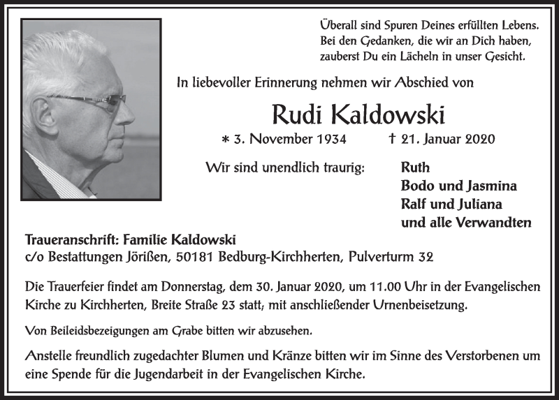  Traueranzeige für Rudi Kaldowski vom 25.01.2020 aus  Sonntags-Post 