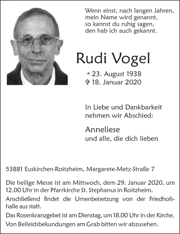 Anzeige von Rudi Vogel von  Blickpunkt Euskirchen 
