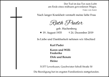 Anzeige von Ruth Puder von Kölner Stadt-Anzeiger / Kölnische Rundschau / Express