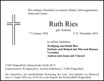 Anzeige von Ruth Ries von Kölner Stadt-Anzeiger / Kölnische Rundschau / Express