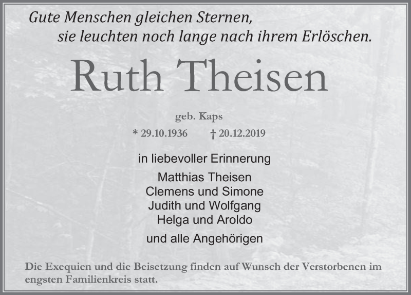  Traueranzeige für Ruth Theisen vom 08.01.2020 aus  Werbepost 