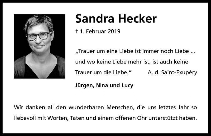  Traueranzeige für Sandra Hecker vom 01.02.2020 aus Kölner Stadt-Anzeiger / Kölnische Rundschau / Express
