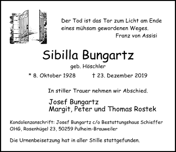 Anzeige von Sibilla Bungartz von Kölner Stadt-Anzeiger / Kölnische Rundschau / Express