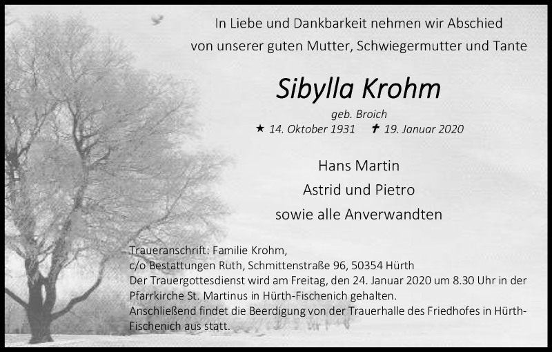  Traueranzeige für Sibylla Krohm vom 22.01.2020 aus Kölner Stadt-Anzeiger / Kölnische Rundschau / Express