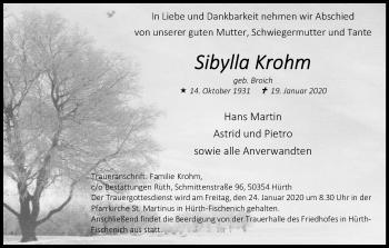 Anzeige von Sibylla Krohm von Kölner Stadt-Anzeiger / Kölnische Rundschau / Express