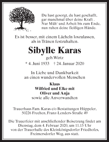 Anzeige von Sibylle Karas von  Wochenende 