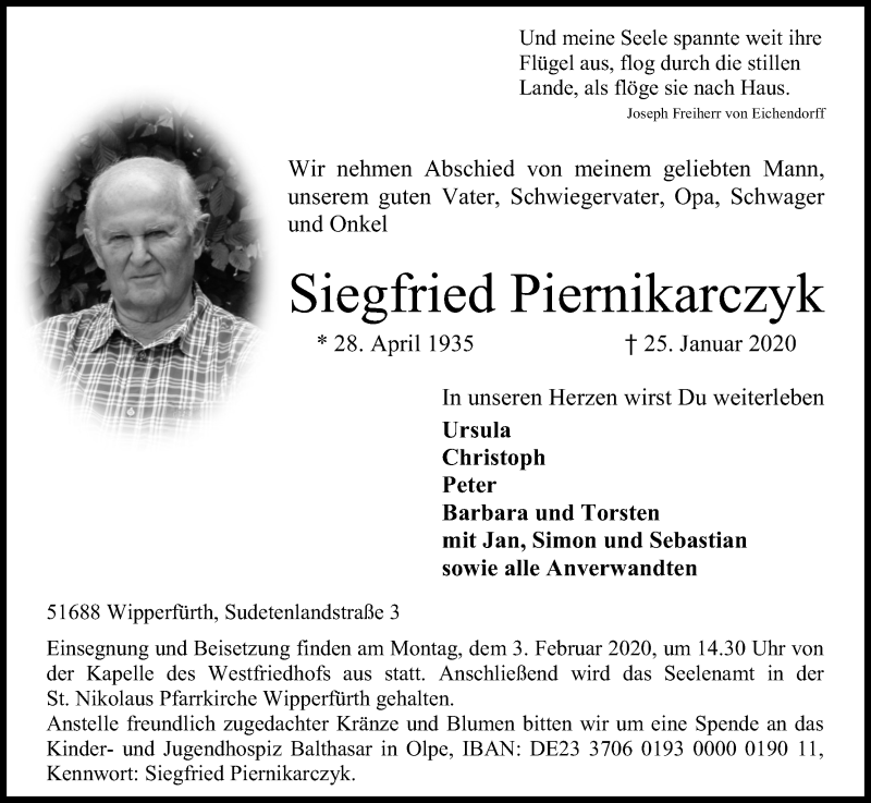  Traueranzeige für Siegfried Piernikarczyk vom 01.02.2020 aus Kölner Stadt-Anzeiger / Kölnische Rundschau / Express