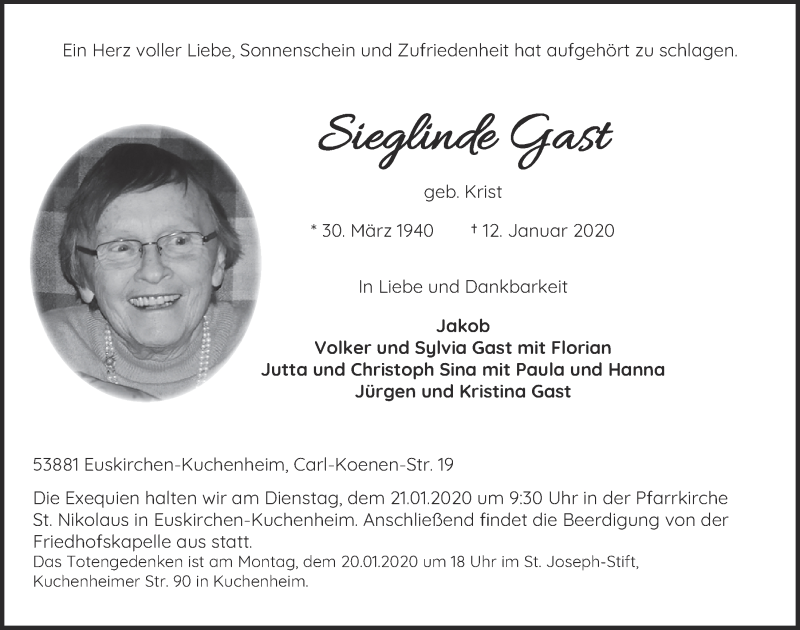  Traueranzeige für Sieglinde Gast vom 18.01.2020 aus  Blickpunkt Euskirchen 